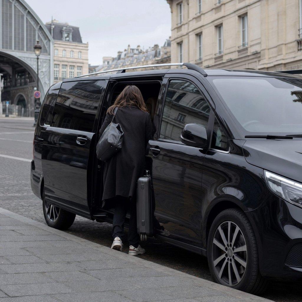 Van Mercedes Classe V noir de la navette Aéroparnasse dans une rue parisienne près d’une gare, voyageur de dos chargeant sa valise — la solution qui remplace les Cars Air France depuis Roissy CDG