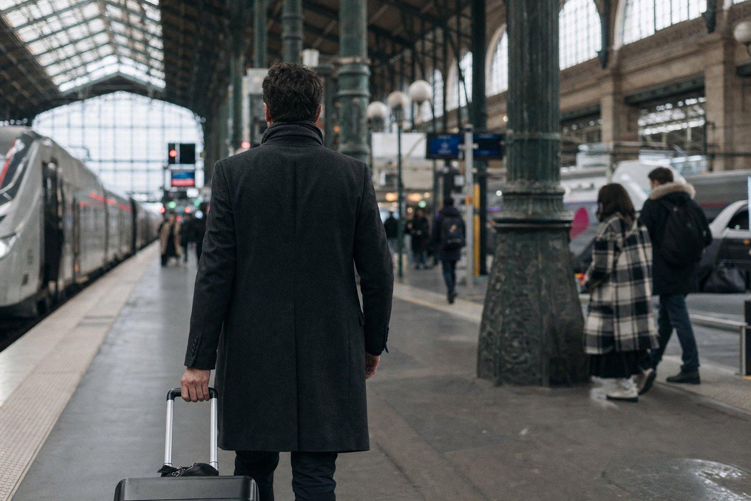 Voyageur arrivé en navette depuis Roissy CDG rejoignant son TGV dans une grande gare parisienne pour sa correspondance.