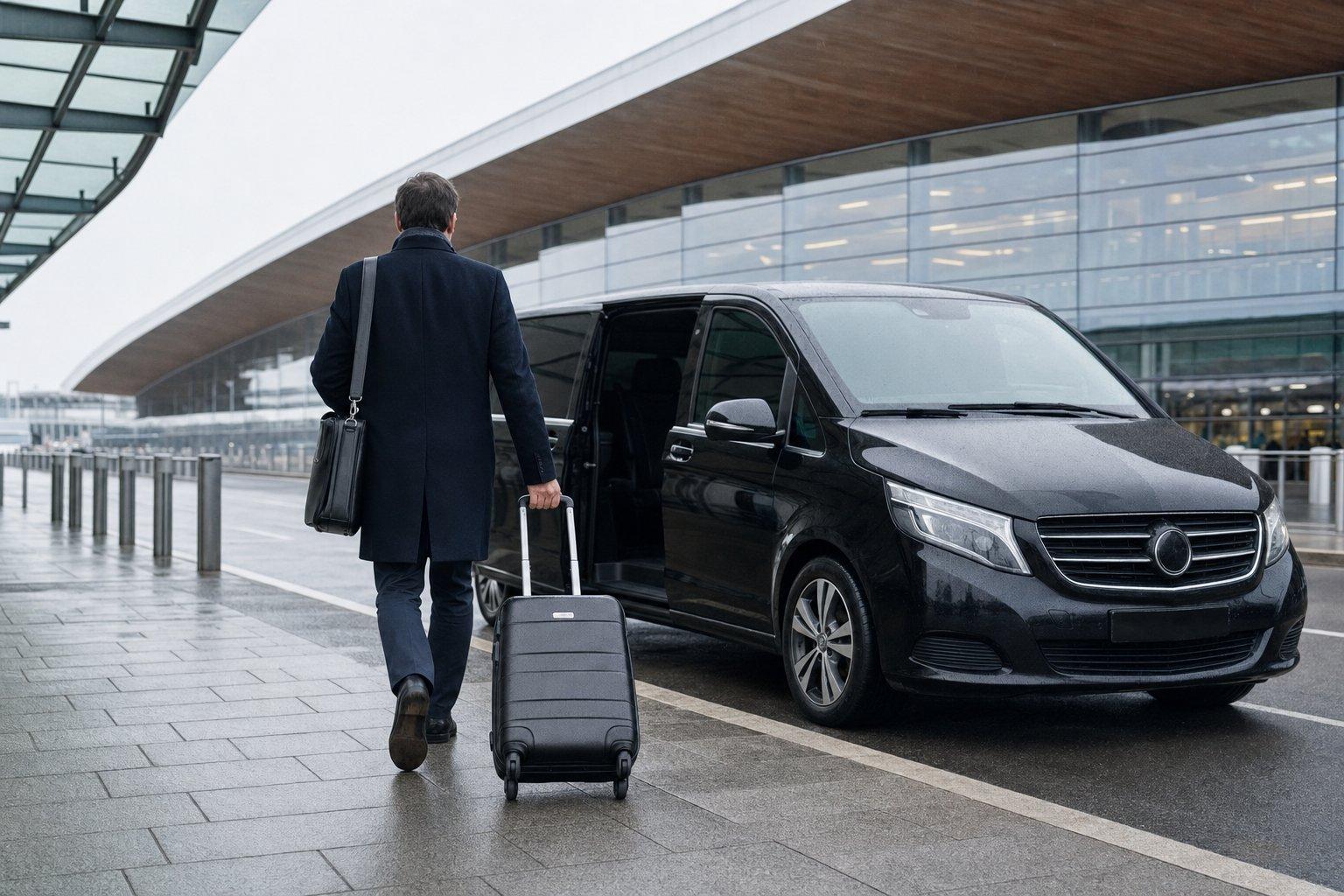 Voyageur d’affaires de dos avec sa valise cabine rejoignant un van Mercedes Classe V noir de la navette Aéroparnasse au Terminal 2E de Roissy CDG