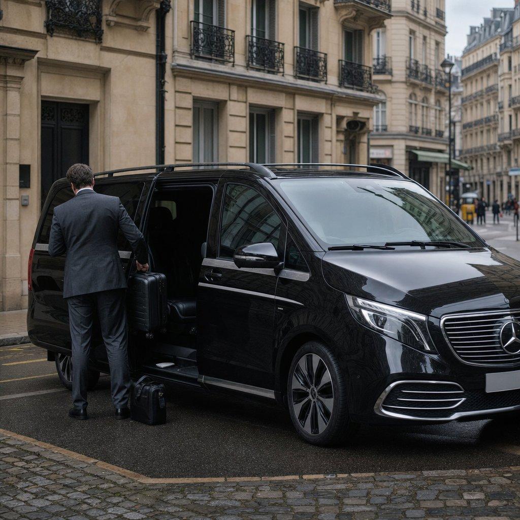 Van Mercedes Classe V noir de la navette Aéroparnasse dans une rue parisienne, voyageur d’affaires de dos chargeant sa valise — transfert professionnel depuis Roissy CDG