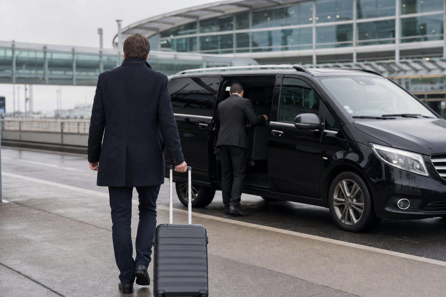 Voyageur avec sa valise près d’un van noir de la navette Aéroparnasse au Terminal 2E de Roissy CDG, alternative aux anciens Cars Air France vers Paris