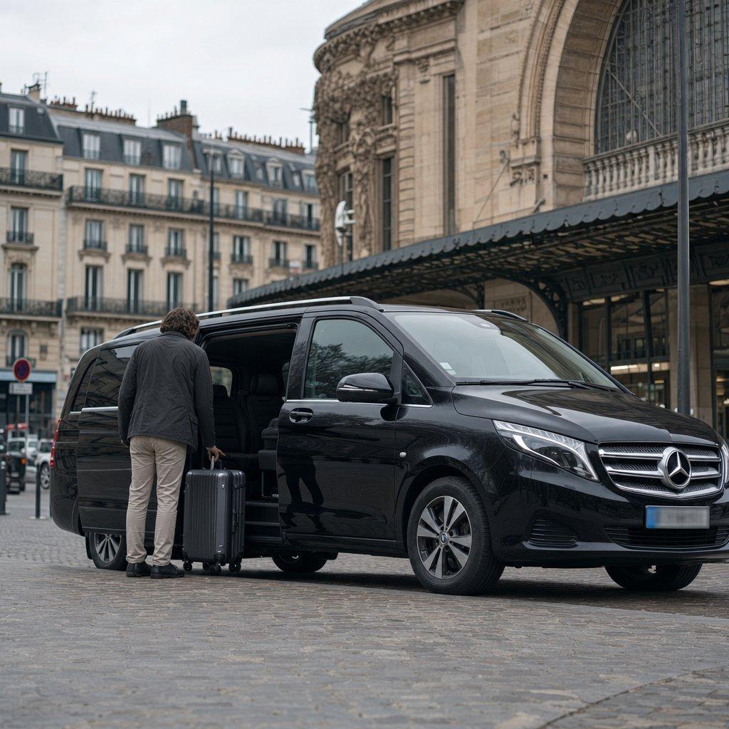 Van Mercedes Classe V noir de la navette Aéroparnasse dans une rue parisienne, voyageur chargeant sa valise — alternative aux Cars Air France entre Roissy CDG et Paris