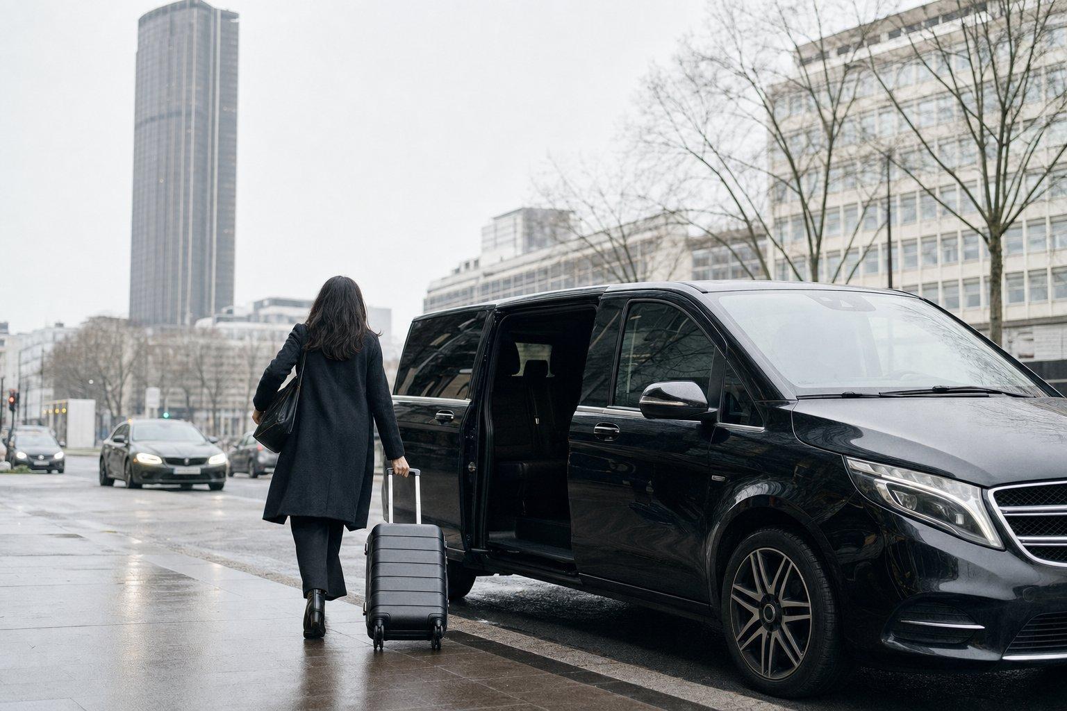 Voyageuse de dos avec sa valise rejoignant le van noir Mercedes Classe V de la navette Aéroparnasse devant la Gare Montparnasse à Paris, à l’emplacement de l’ancien terminus des Cars Air France ligne 4