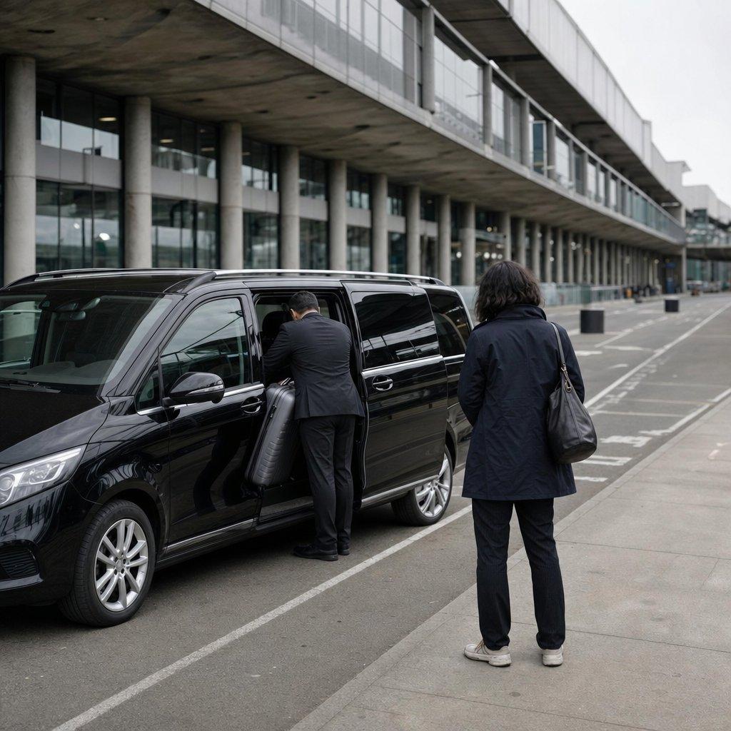 Chauffeur de dos chargeant une valise dans le van Mercedes Classe V noir de la navette Aéroparnasse au bord du trottoir du Terminal 2E de Roissy CDG, devant l’ancienne aire d’arrêt des Cars Air France