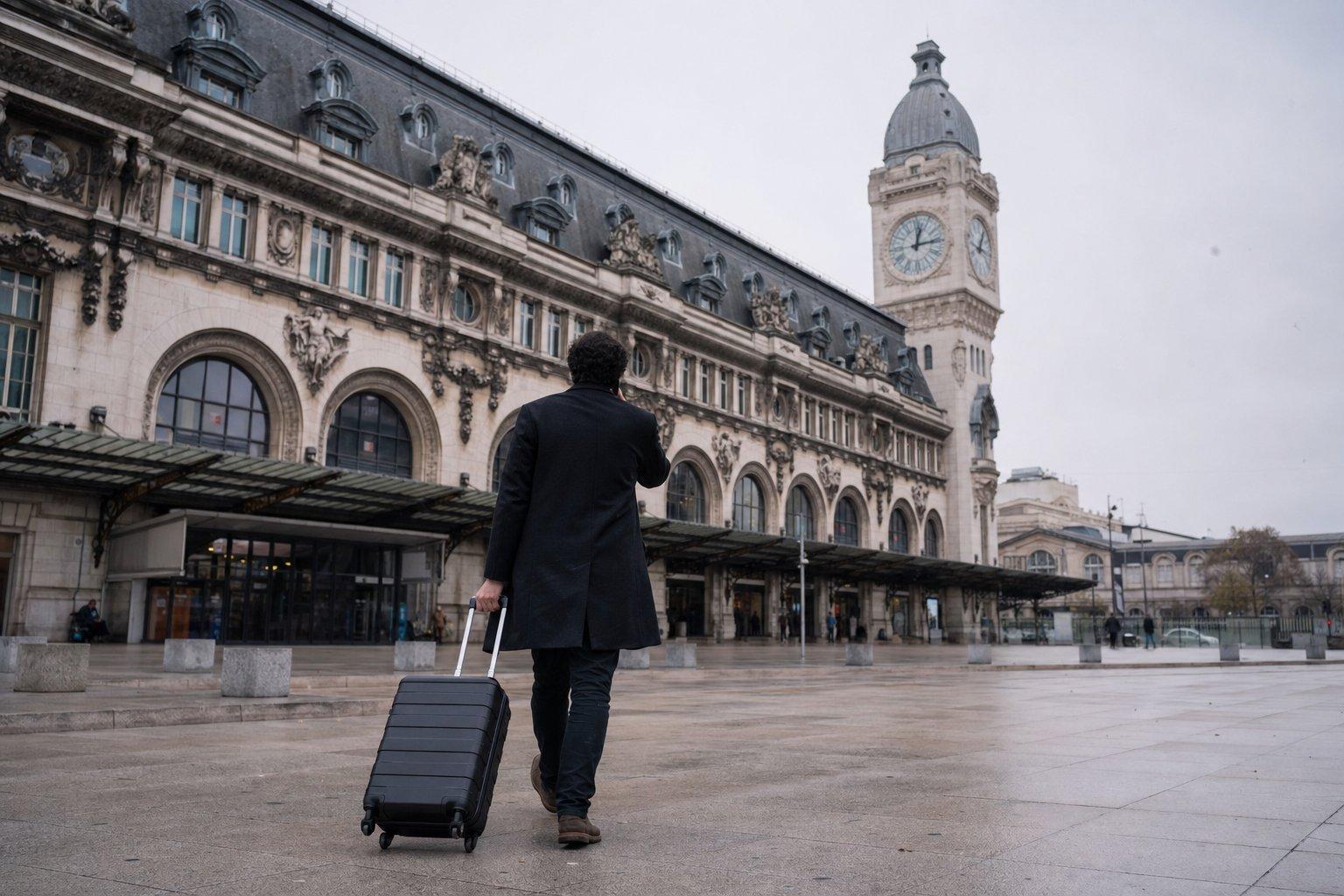 Voyageur seul de dos avec sa valise se dirigeant vers l'entrée de la Gare de Lyon à Paris, le beffroi de la gare en arrière-plan, à l'arrivée d'une navette privée depuis l'aéroport Roissy CDG.