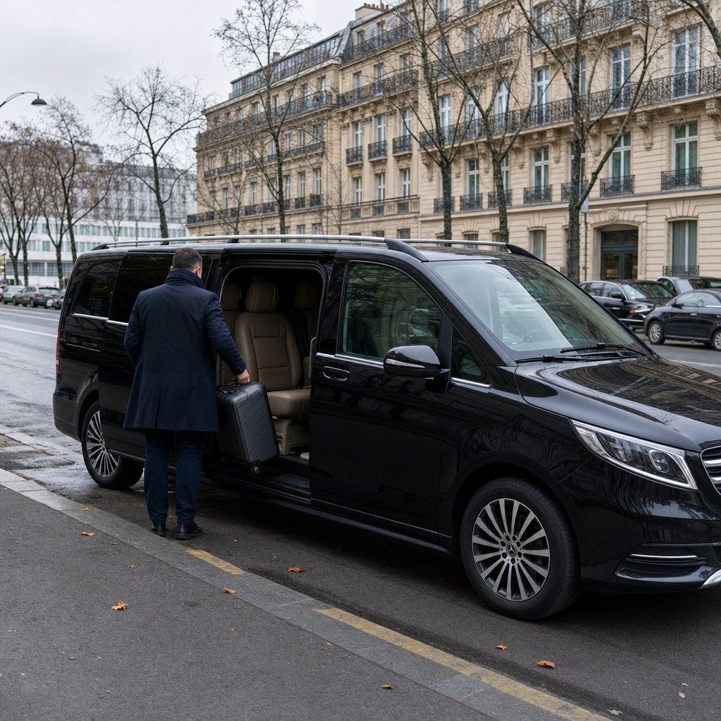 Van Mercedes Classe V noir de la navette Aéroparnasse stationné dans une rue de la Rive Droite près de la Gare de Lyon, voyageur de dos chargeant sa valise après le trajet depuis Roissy CDG.