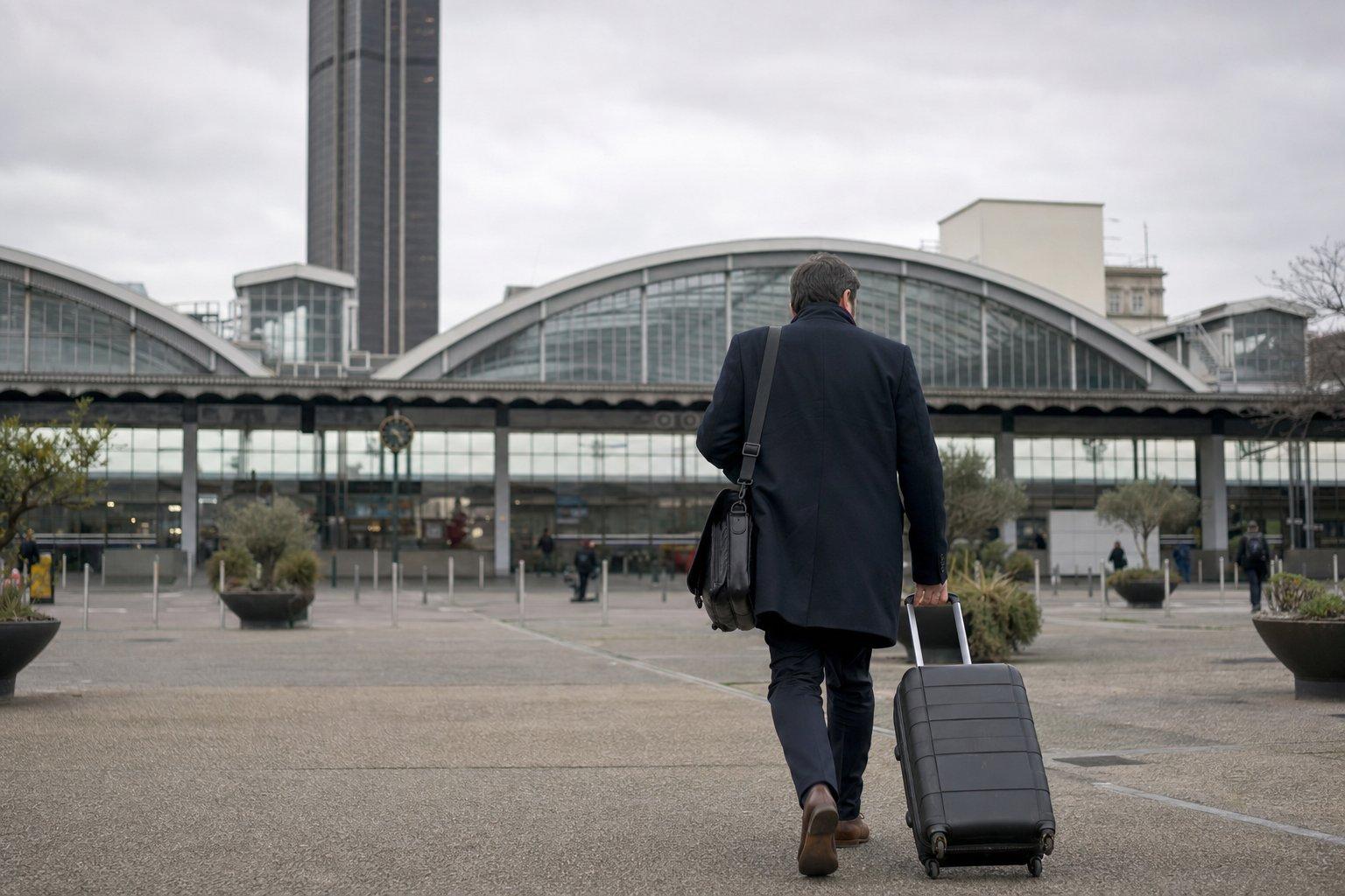 Voyageur seul de dos avec sa valise se dirigeant vers l'entrée de la Gare Montparnasse à Paris, la Tour Montparnasse en arrière-plan, à l'arrivée d'une navette depuis Roissy CDG.