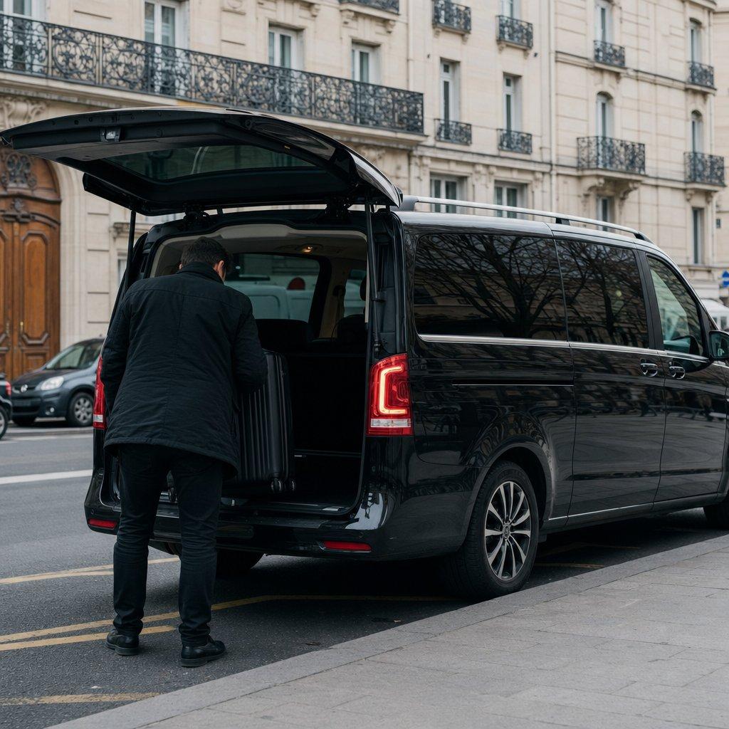 Van Mercedes Classe V noir de la navette Aéroparnasse stationné dans une rue de la Rive Gauche près de Montparnasse, voyageur de dos chargeant sa valise après le trajet depuis Roissy CDG.