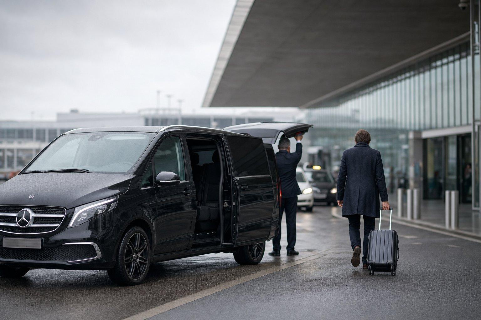 Voyageur de dos avec sa valise rejoignant un van Mercedes Classe V noir porte latérale ouverte au bord du trottoir d’un terminal, navette privée Aéroparnasse entre l’aéroport Roissy CDG et l’aéroport d’Orly
