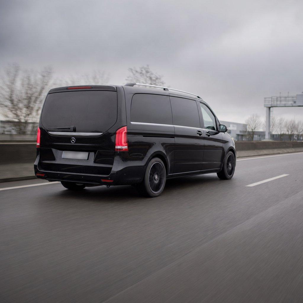 Van Mercedes Classe V noir de la navette Aéroparnasse roulant sur une rocade d’Île-de-France entre l’aéroport Roissy CDG et l’aéroport d’Orly