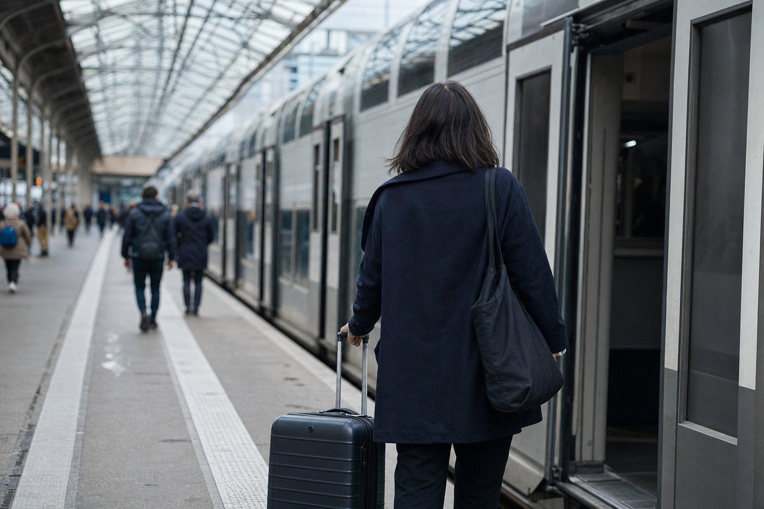 Voyageur seul de dos avec sa valise sur un quai de RER en région parisienne, hésitant entre le RER B et une navette privée depuis Roissy CDG.
