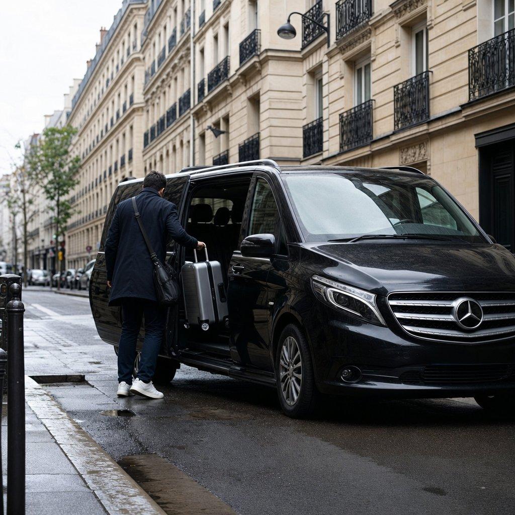 Van Mercedes Classe V noir de la navette Aéroparnasse devant un immeuble parisien, voyageur de dos chargeant sa valise — alternative confortable au RER B depuis CDG.