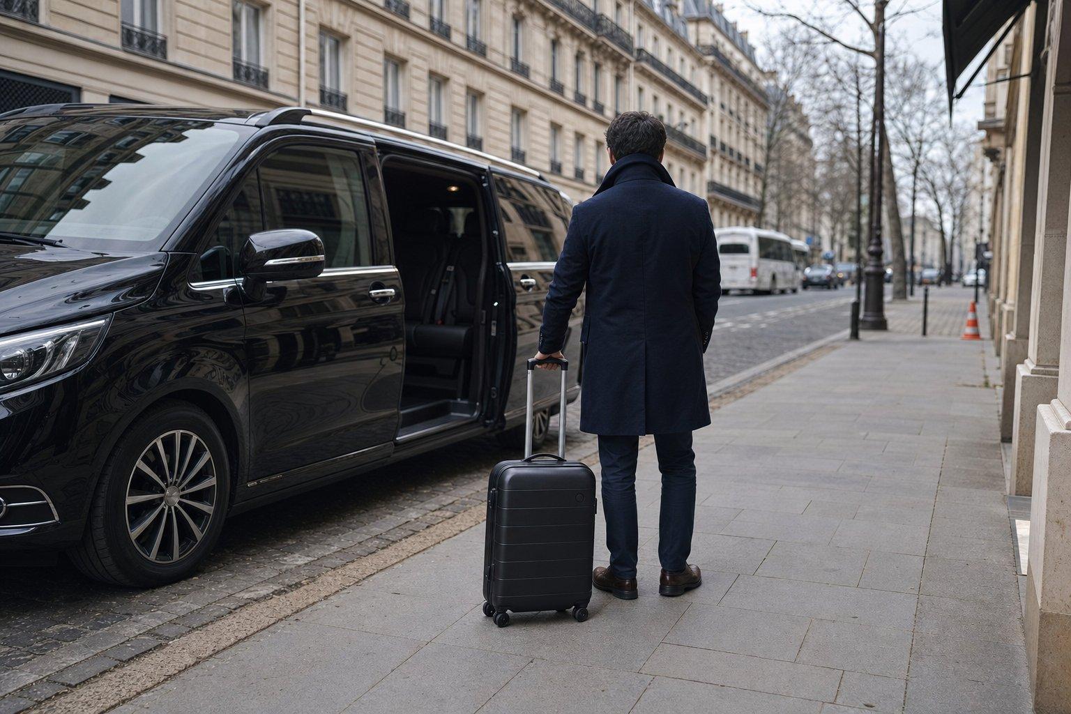 Voyageur seul de dos avec sa valise près d’un van Mercedes Classe V noir de la navette Aéroparnasse dans une rue de Paris, à l’arrivée depuis l’aéroport Roissy CDG