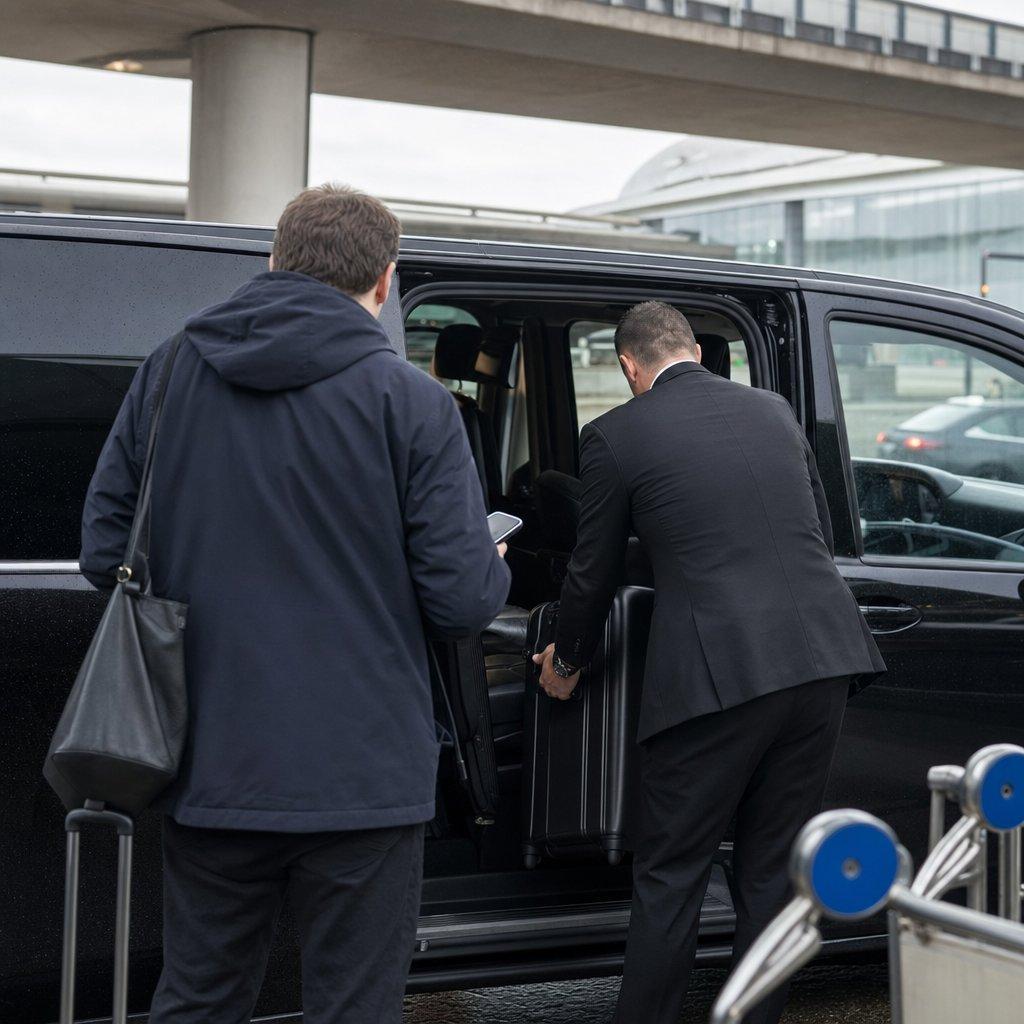 Chauffeur de la navette Aéroparnasse chargeant une valise dans un van noir Mercedes Classe V au point de prise en charge des véhicules pré-réservés du Terminal 2E de Roissy CDG, au départ vers Paris.