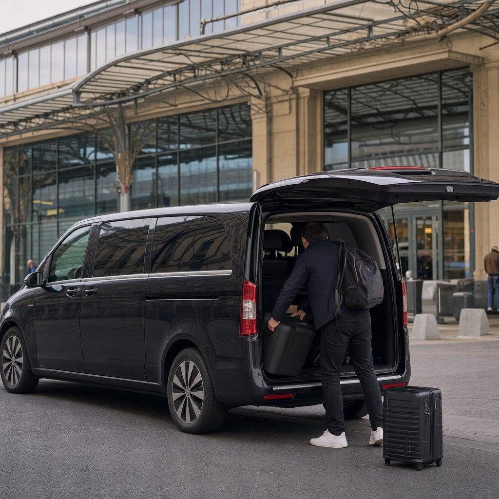 Van Mercedes Classe V noir de la navette Aéroparnasse devant une gare parisienne, voyageur de dos chargeant sa valise après un trajet depuis l’aéroport CDG