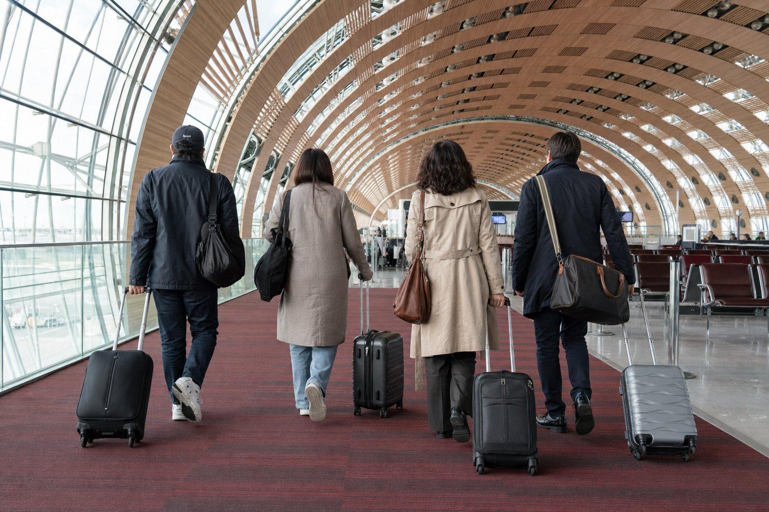 Groupe de voyageurs avec valises sortant du terminal de l’aéroport Roissy CDG, en route vers leur navette de groupe vers Paris