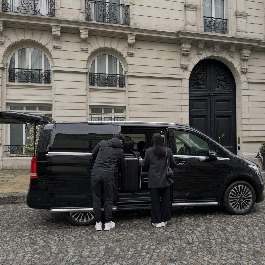 Van Mercedes Classe V noir de la flotte Aéroparnasse devant un immeuble haussmannien parisien, voyageurs chargeant leurs valises pour une navette de groupe depuis Roissy CDG