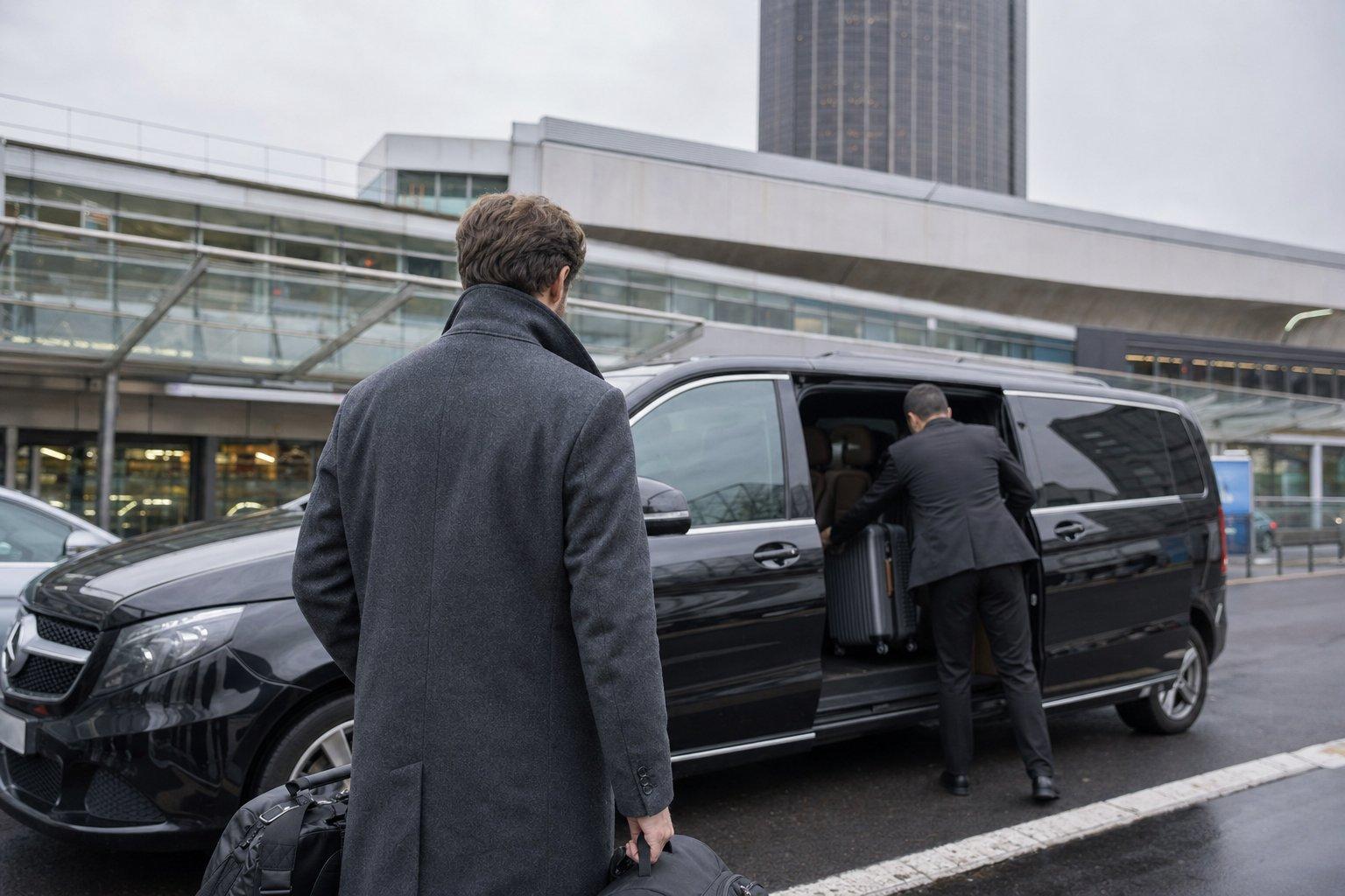 Voyageur de dos avec sa valise devant un van Mercedes Classe V noir à la Gare Montparnasse, au départ d’une navette vers l’aéroport Roissy CDG à 35 € par personne.