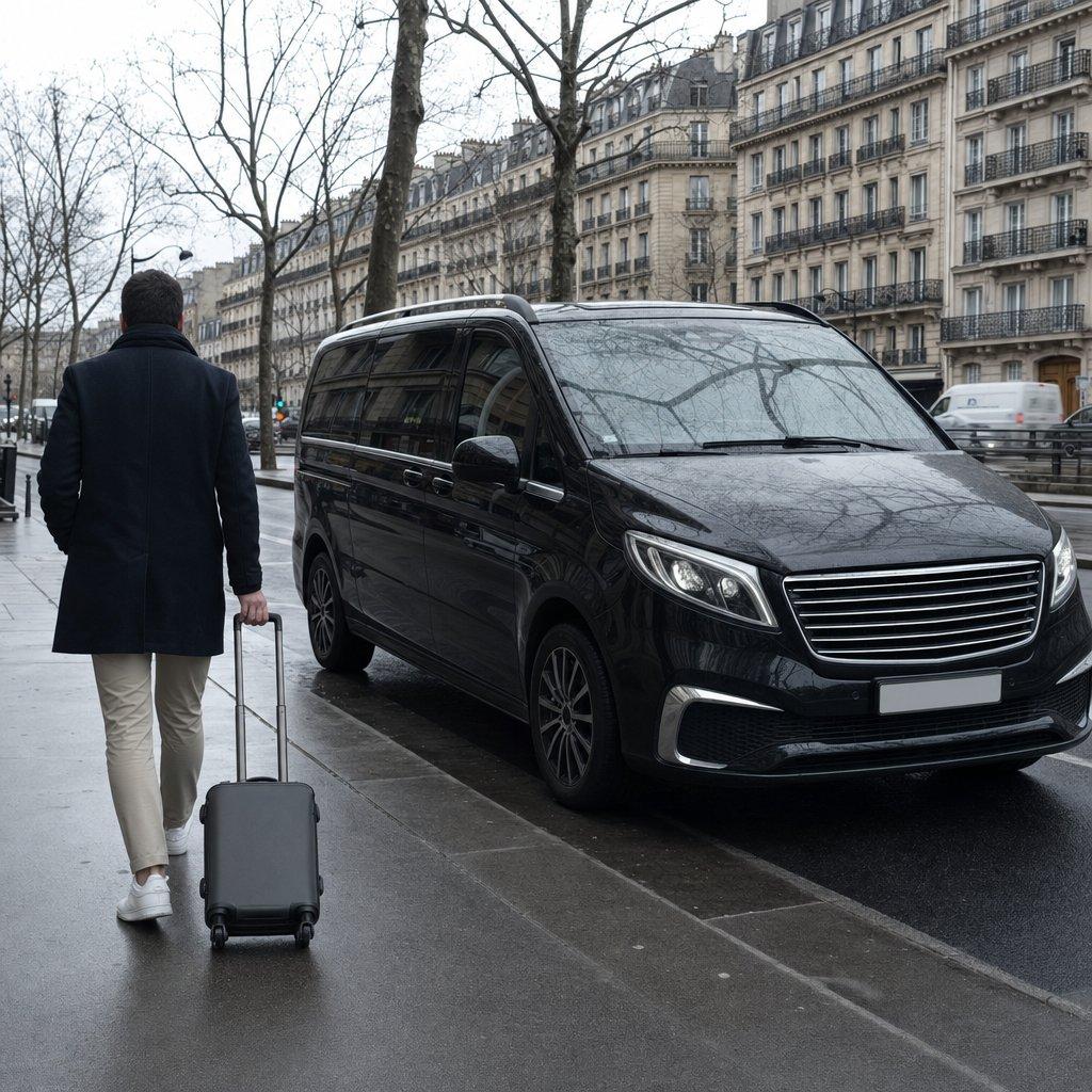 Van Mercedes Classe V noir au bord du trottoir d’un boulevard parisien près de la Gare Montparnasse, voyageur de dos avec sa valise cabine rejoignant la navette vers Roissy CDG.