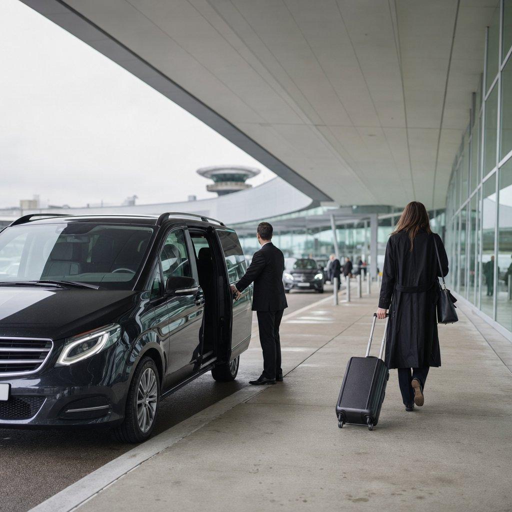 Chauffeur chargeant une valise dans un van Mercedes Classe V noir au niveau Départs d’un terminal de Roissy CDG, à l’arrivée d’un transfert depuis la Gare Montparnasse.