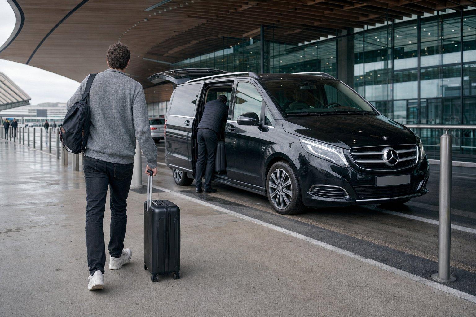 Voyageur seul de dos avec sa valise rejoignant un van Mercedes Classe V noir de la navette Aéroparnasse au Terminal 2E de l’aéroport Roissy CDG, pour un transfert à prix fixe vers Paris