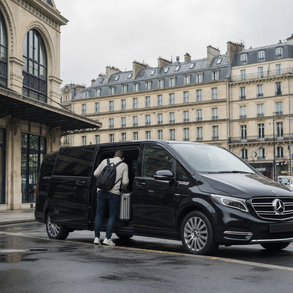 Van Mercedes Classe V noir de la navette Aéroparnasse dans une rue parisienne, voyageur de dos chargeant sa valise après un trajet à prix fixe depuis l’aéroport Roissy CDG