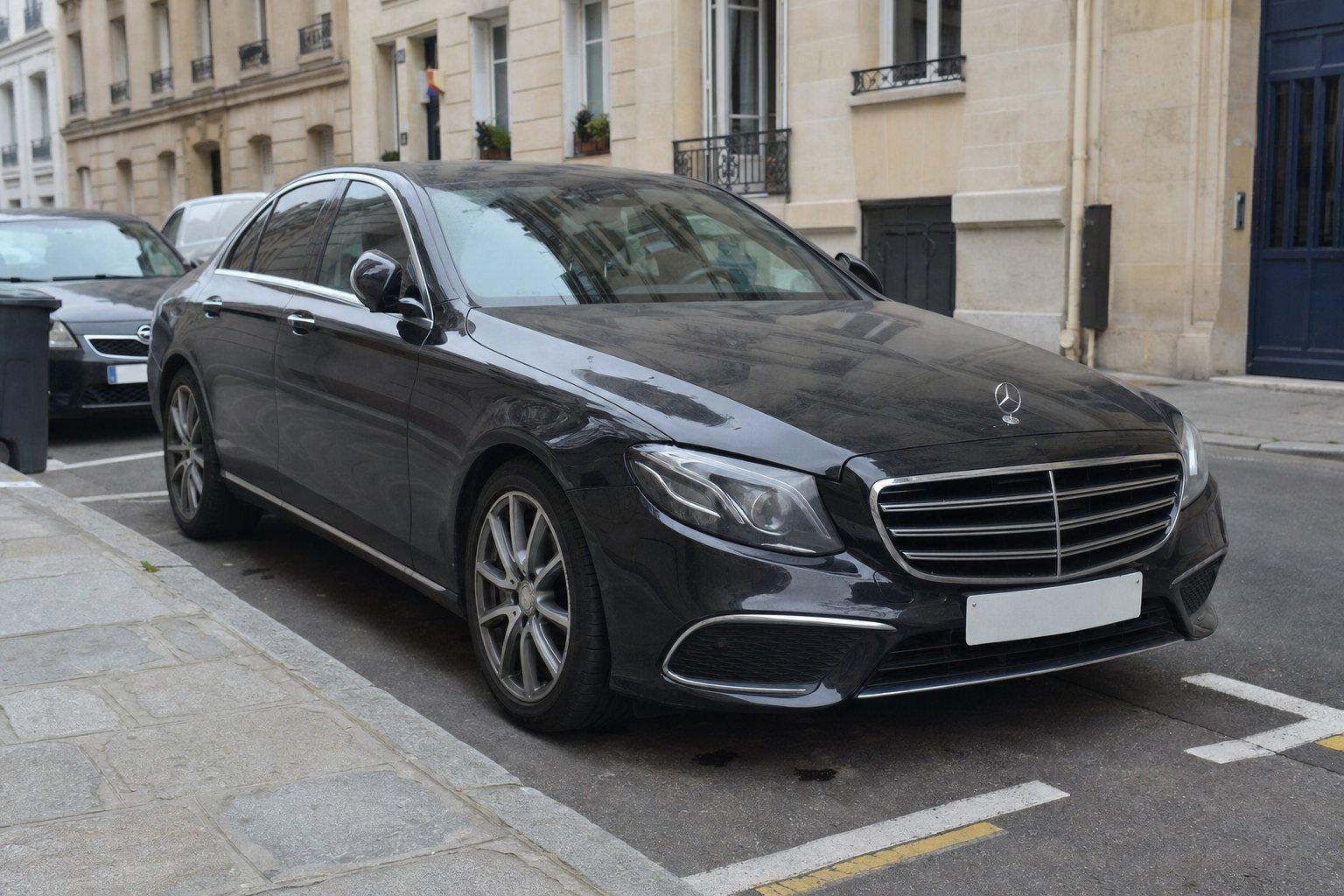 Mercedes Classe E noire avec chauffeur, berline utilisée pour les courses VTC à la demande en Île-de-France.