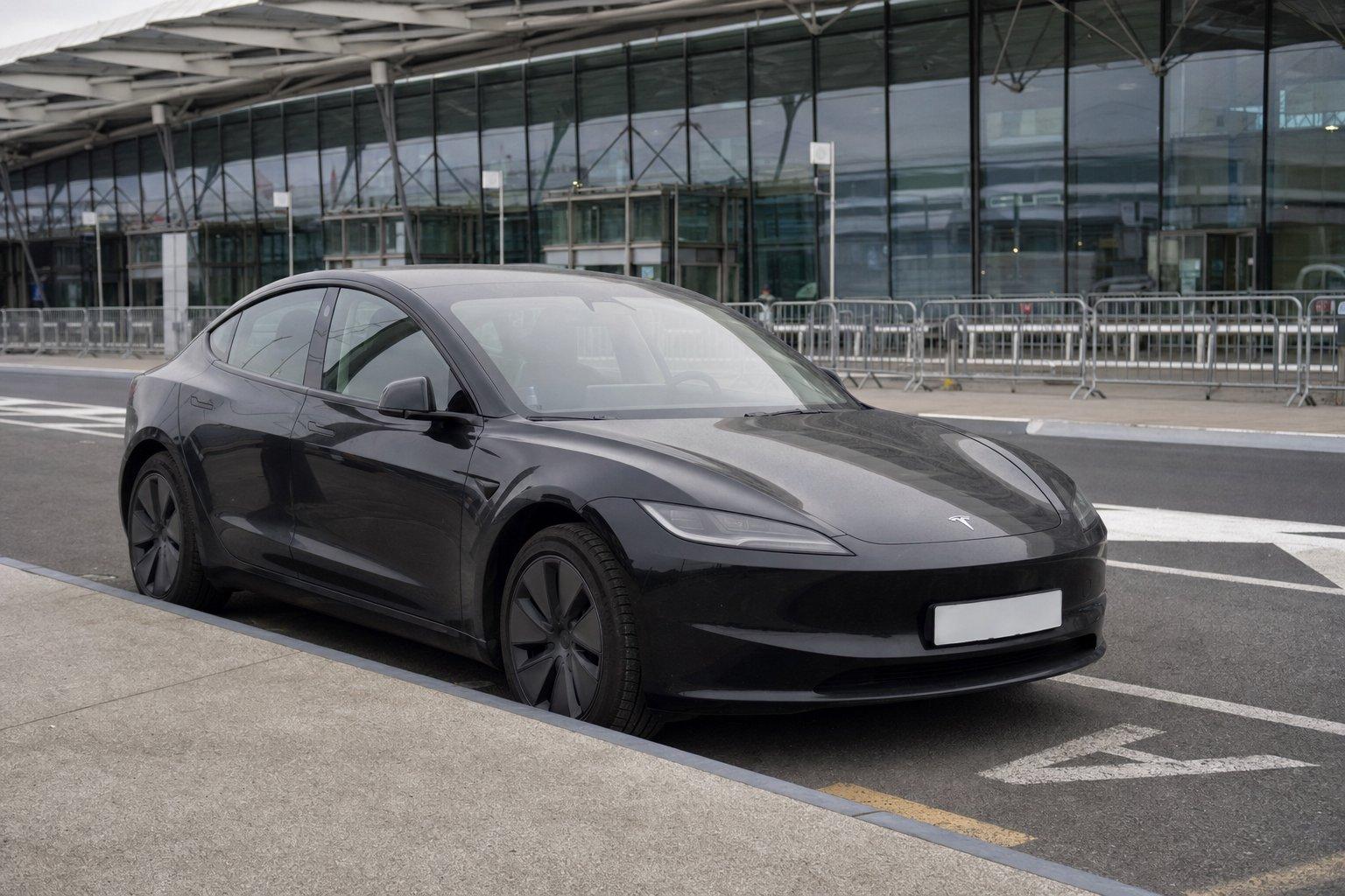 Tesla Model 3 noire à la dépose d’un terminal d’aéroport, berline électrique de la flotte Aéroparnasse.