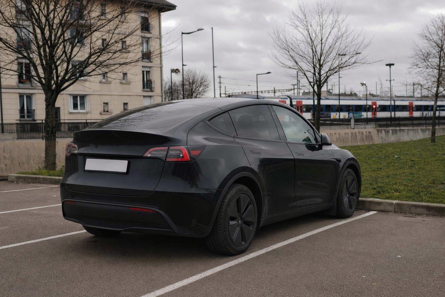Tesla Model Y noire garée près d’une gare parisienne, véhicule électrique de la flotte Aéroparnasse.