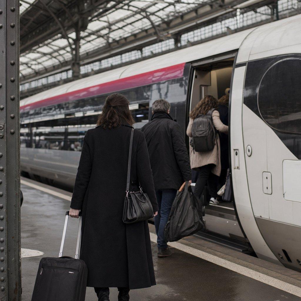 TGV français sur le quai d’une grande gare parisienne, prêt à partir pour une correspondance depuis Roissy CDG.