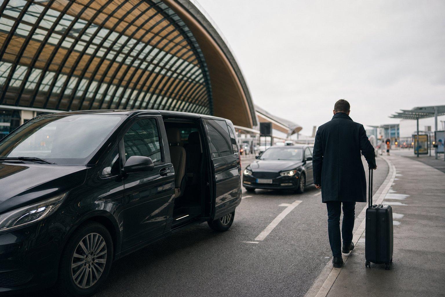 Voyageur seul de dos avec sa valise à la sortie du Terminal 2E de Roissy CDG, hésitant entre un taxi parisien et un van noir Mercedes Classe V de navette privée vers Paris.