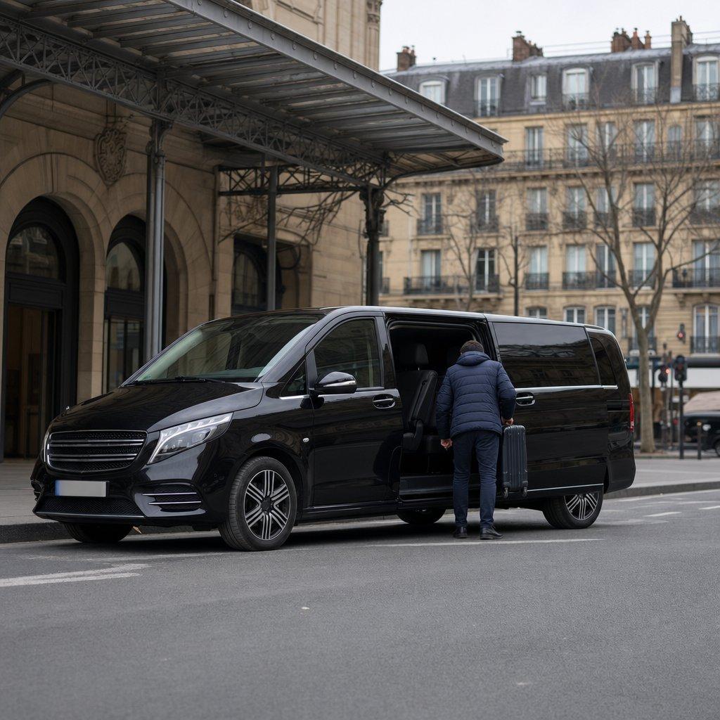 Van Mercedes Classe V noir de la navette Aéroparnasse dans une rue parisienne près d’une gare, voyageur de dos chargeant sa valise — alternative au taxi depuis CDG.
