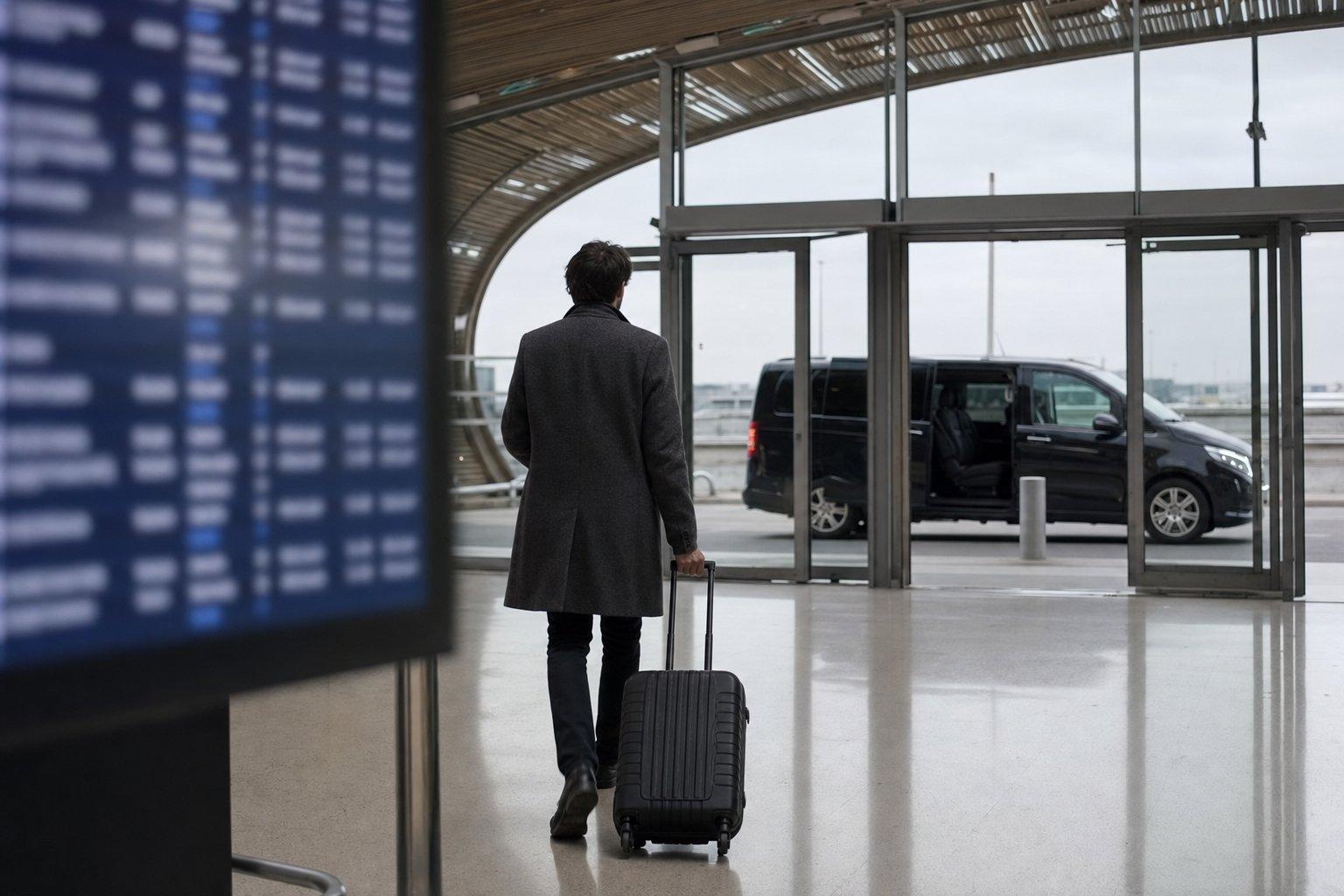 Voyageur seul de dos avec sa valise sortant du hall des arrivées du Terminal 2E de Roissy CDG au petit matin, van noir Mercedes Classe V de la navette vers Paris visible au bord du trottoir.