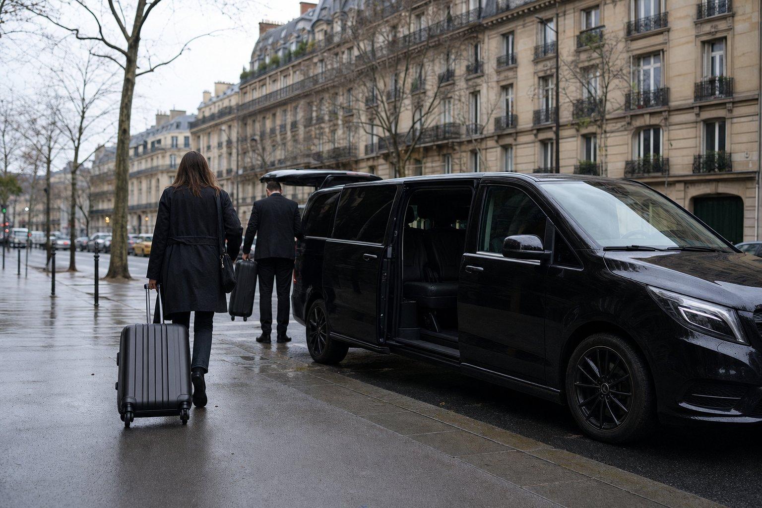 Voyageuse de dos avec sa valise rejoignant un van Mercedes Classe V noir de la navette Aéroparnasse dans une rue haussmannienne de Paris, chauffeur chargeant un bagage pour un transfert privé vers l’aéroport Roissy CDG
